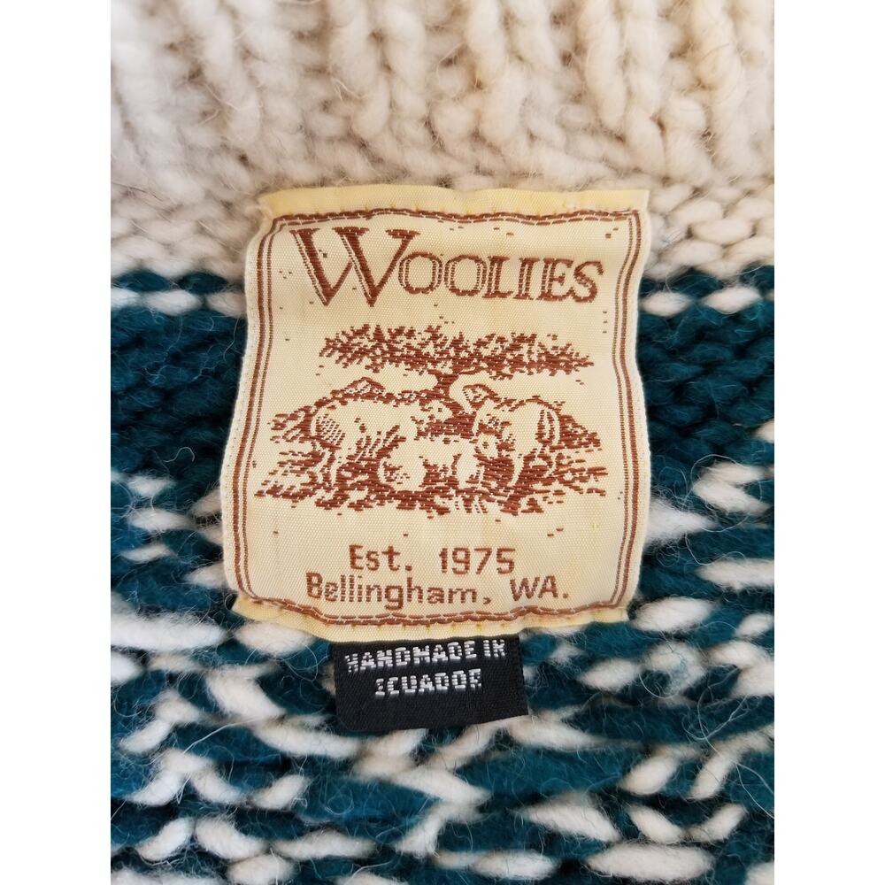 Woolies Unisex Hand Knit In Equador Cardigan Sweater Cream Green Navy Blue Large - Picture 3 of 8
